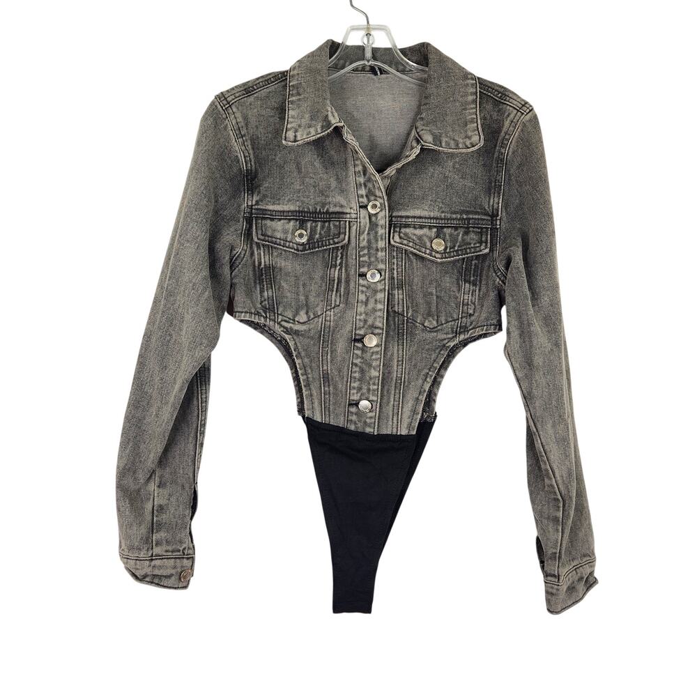 Pretty Little Thing Gray Denim Jacket High-Side Bodysuit Size 6 Streetwear